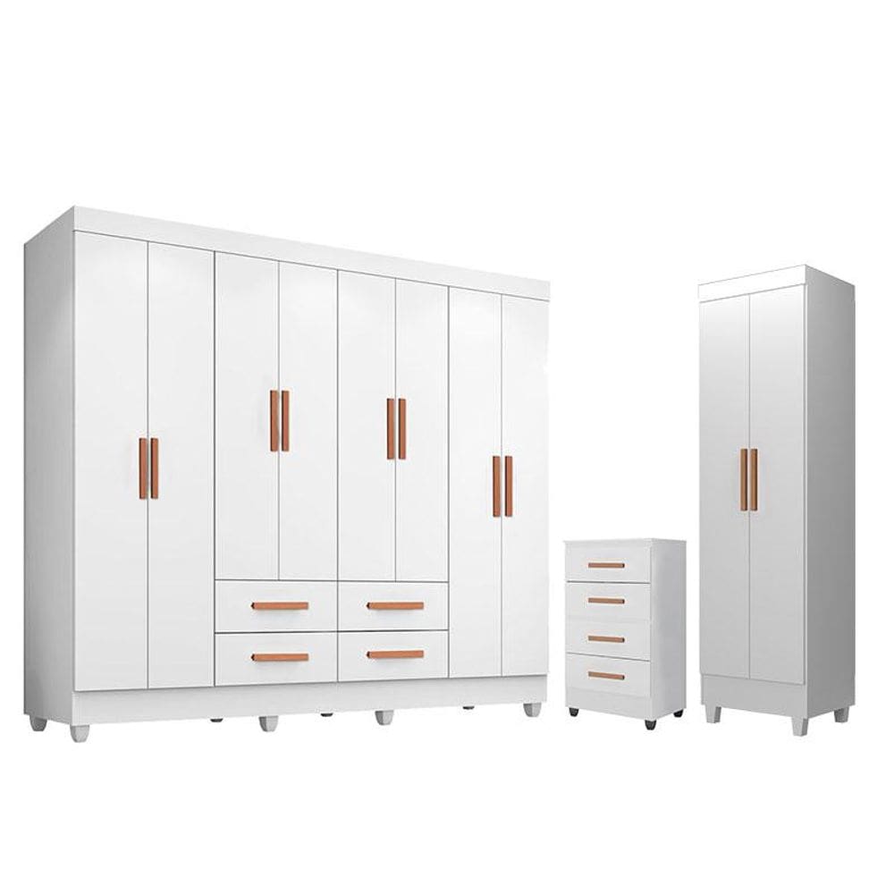 Guarda Roupa Casal Porto 8 Portas com Cômoda 4 Gavetas e Armário Multiuso Lite Branco Brilho - Leão