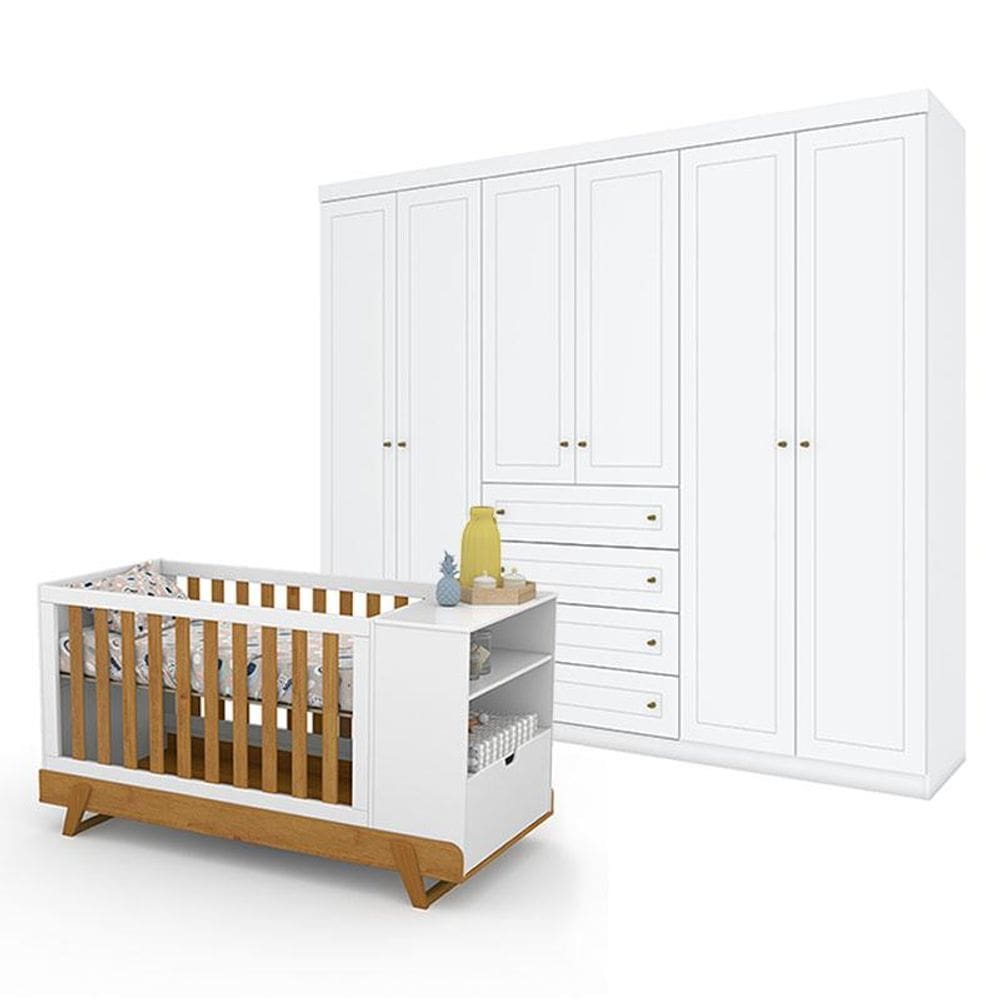 Berço Multifuncional Bkids Branco Freijó Eco Wood - Matic eGuarda Roupa Casal Americano 6 Portas Branco HP- Henn