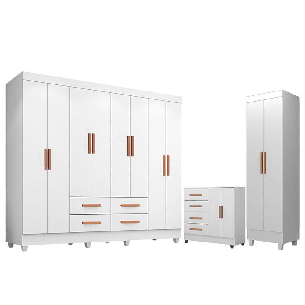Guarda Roupa Casal Porto 8 Portas com Cômoda 4 Gavetas 2 Portas e Armário Multiuso Lite Branco Brilho - Leão