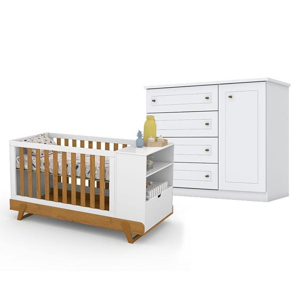 Berço Multifuncional Bkids Branco Freijó Eco Wood - Matic e Cômoda Infantil Americano Branco HP - Henn