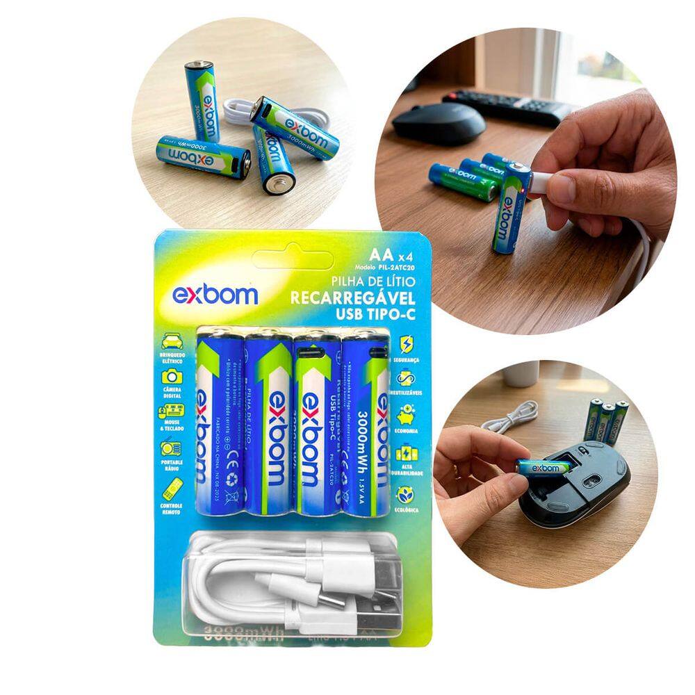 Kit 4 Pilhas AA Recarregaveis 2000mAh