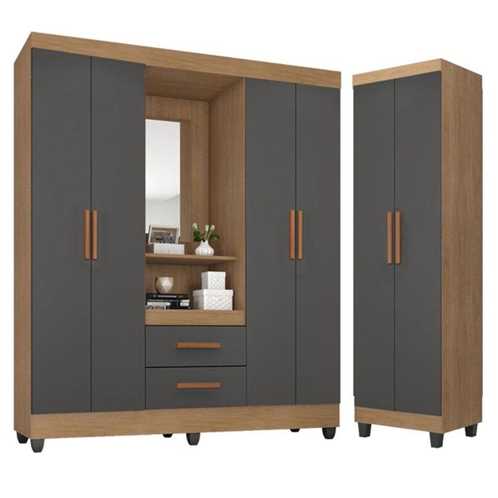 Guarda Roupa Casal Capela com Armário Multiuso Lite Nature Cinza - Móveis Leão