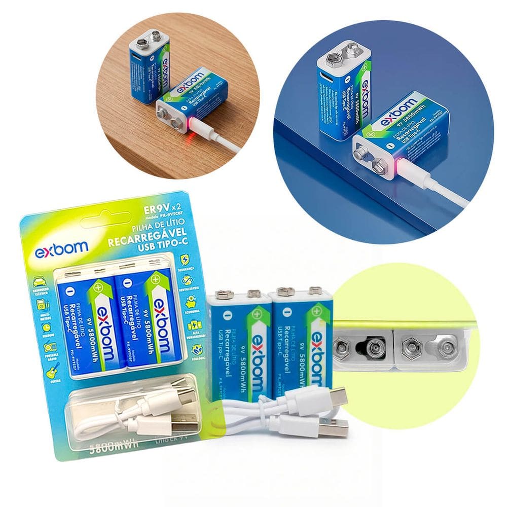 Kit 2 Pilhas 9V Recarregaveis Alta Performance