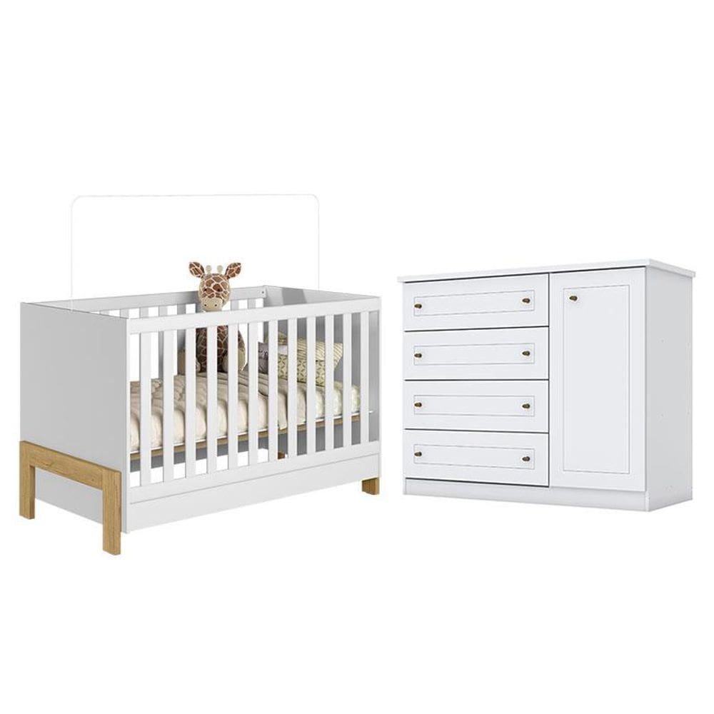 Berço Americano Mini Cama Fantasia Branco Acetinado - Qmovi e Cômoda Infantil Americano Branco HP - Henn