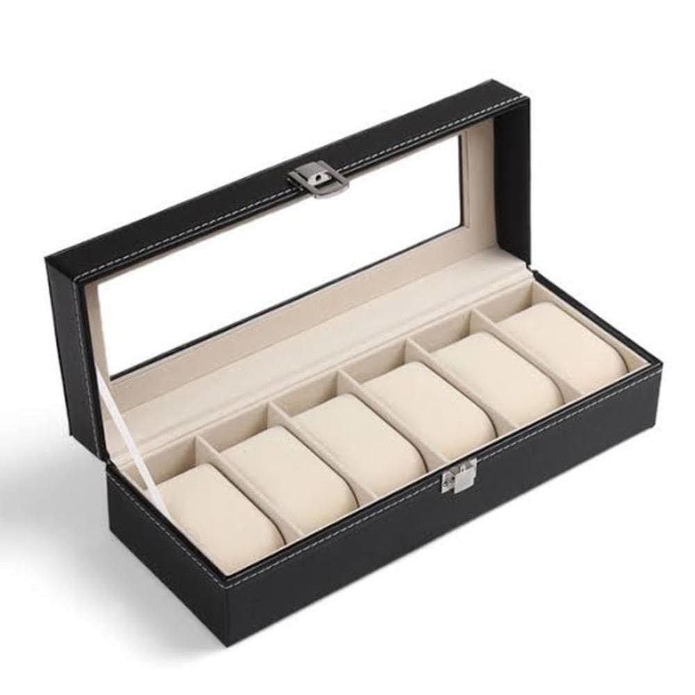 Caixa Porta 6 Relógios Em Couro Com Visor Estojo Organizador Com Almofadas