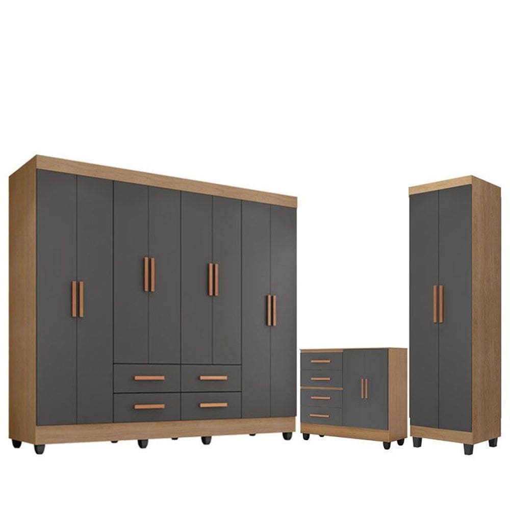 Guarda Roupa Casal Porto comCômoda Lite 4 Gavetas 2 Portas eArmário Multiuso Lite Nature Cinza - Móveis Leão