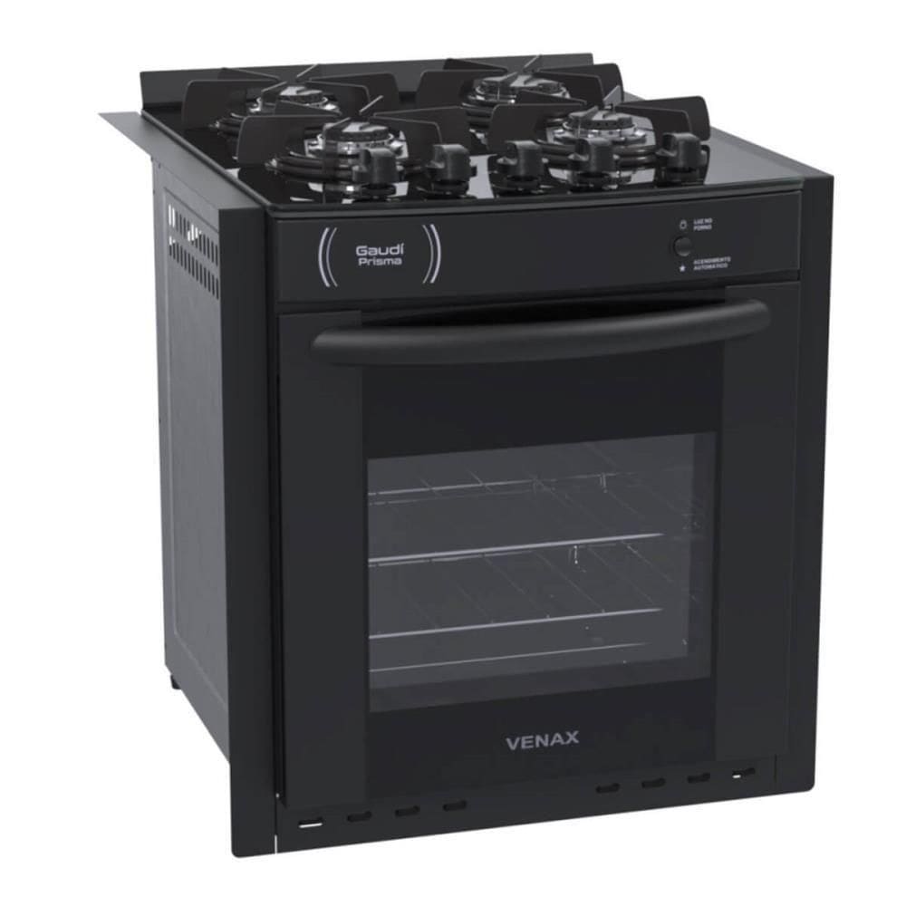 Fogão De Embutir 4 Bocas Venax Gaudi Prisma Vitreo Bl Preto A Gás Forno Easy Clean 51,8l 25375