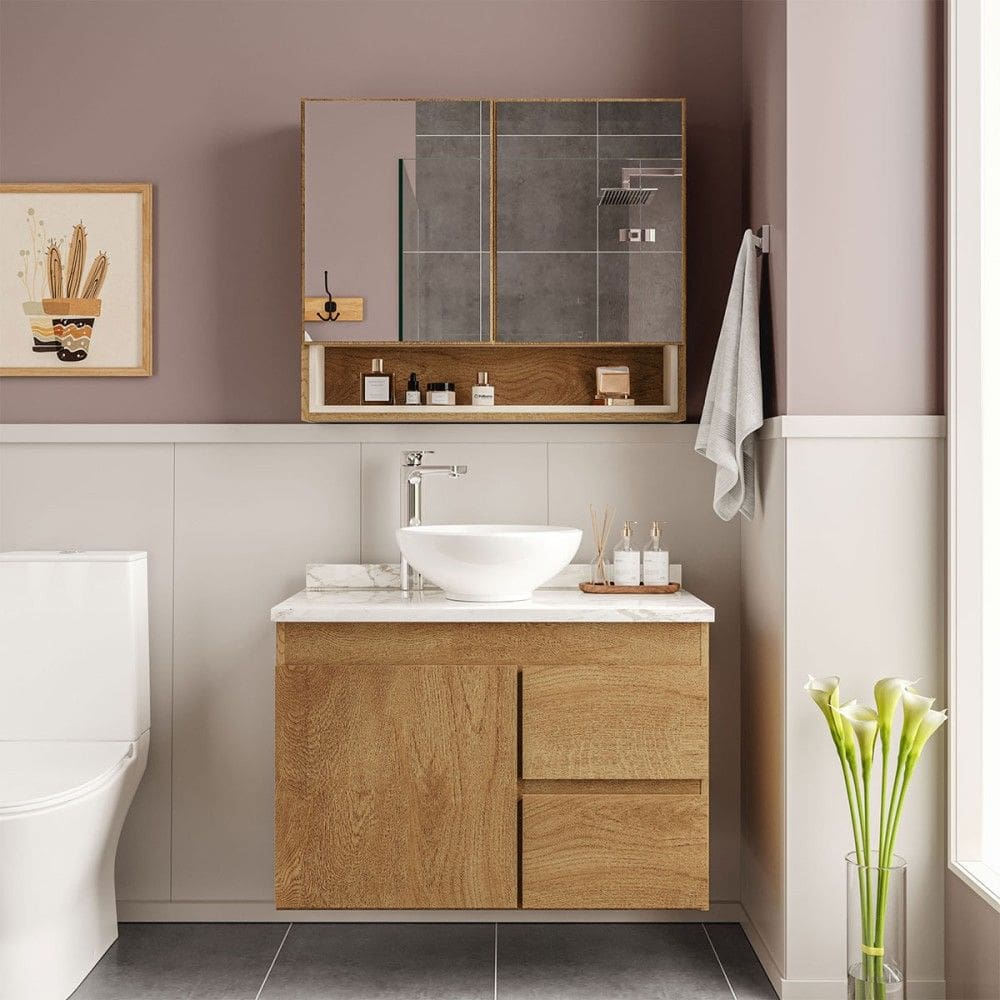 Armário de Banheiro Travertino 80 Cm 3 Portas 2 Gavetas com Espelho Freijó/Creme - Politorno