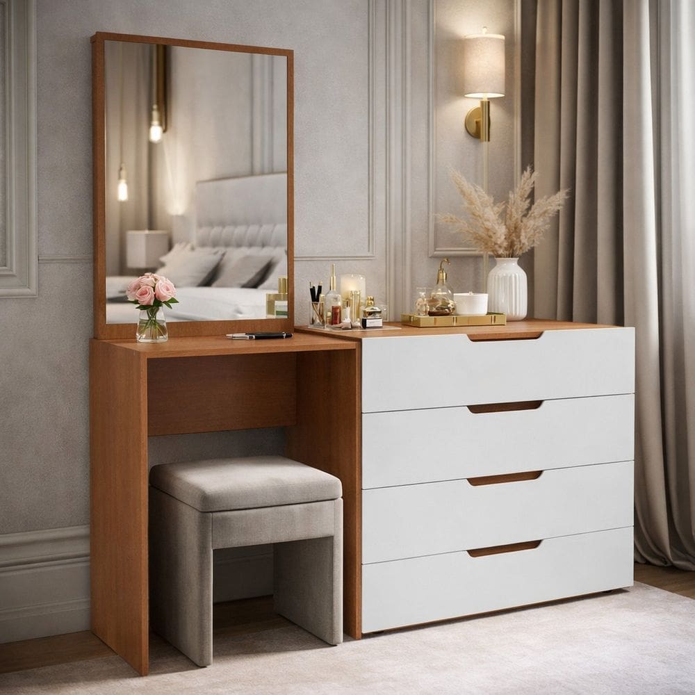Cômoda Penteadeira 4 Gavetas Madrid Branco/Freijó