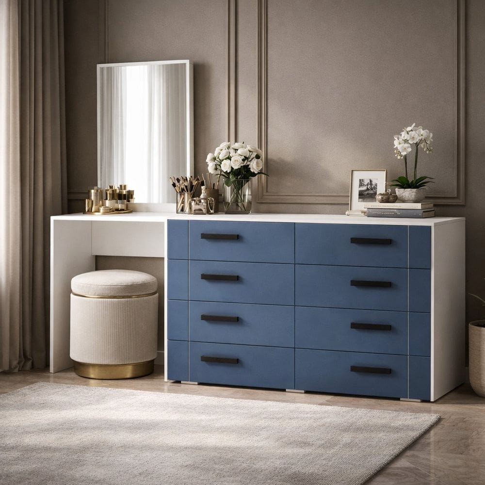 Cômoda Penteadeira 8 Gavetas Lisboa Azul/Branco