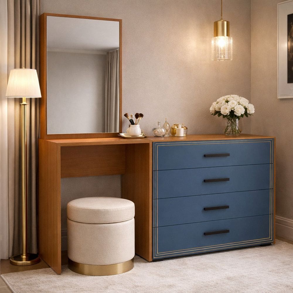 Cômoda Penteadeira 4 Gavetas Valência Azul/Freijó