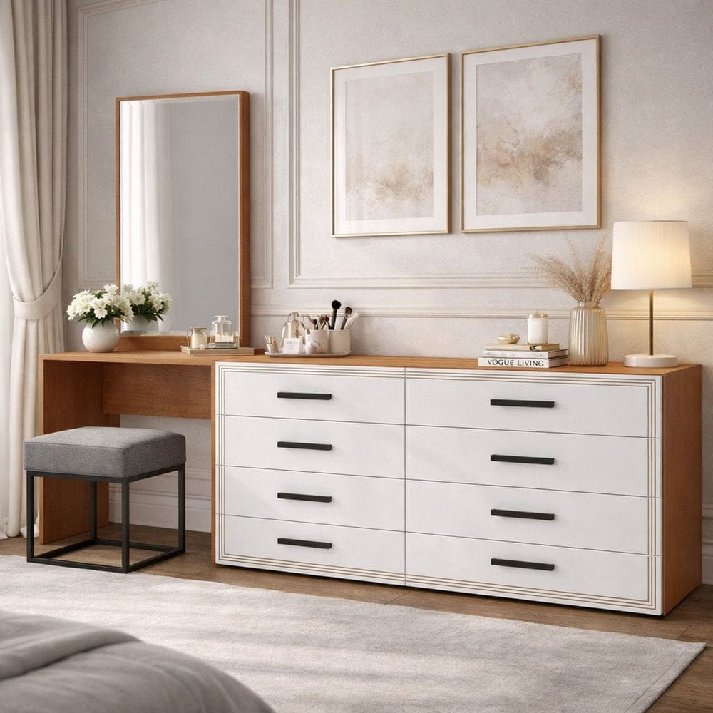 Cômoda Penteadeira 8 Gavetas Valência Branco/Freijó