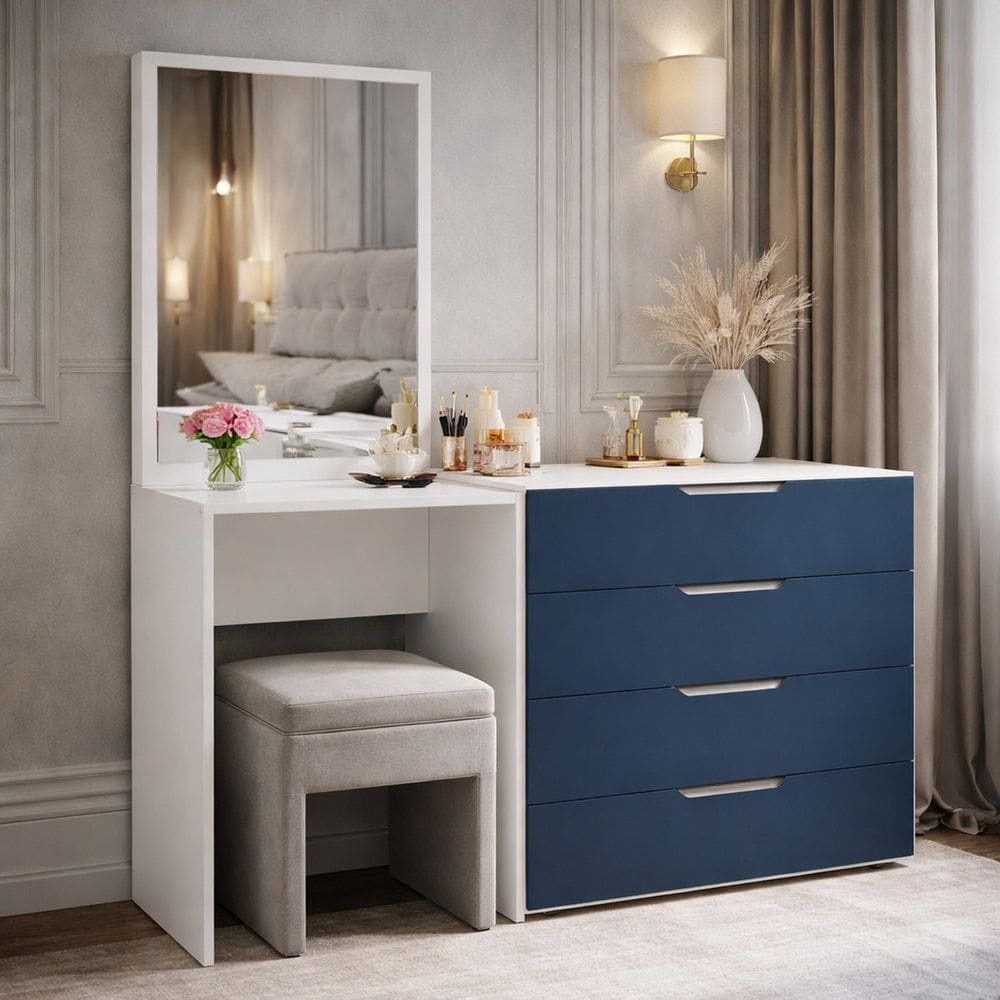 Cômoda Penteadeira 4 Gavetas Madrid Azul/Branco