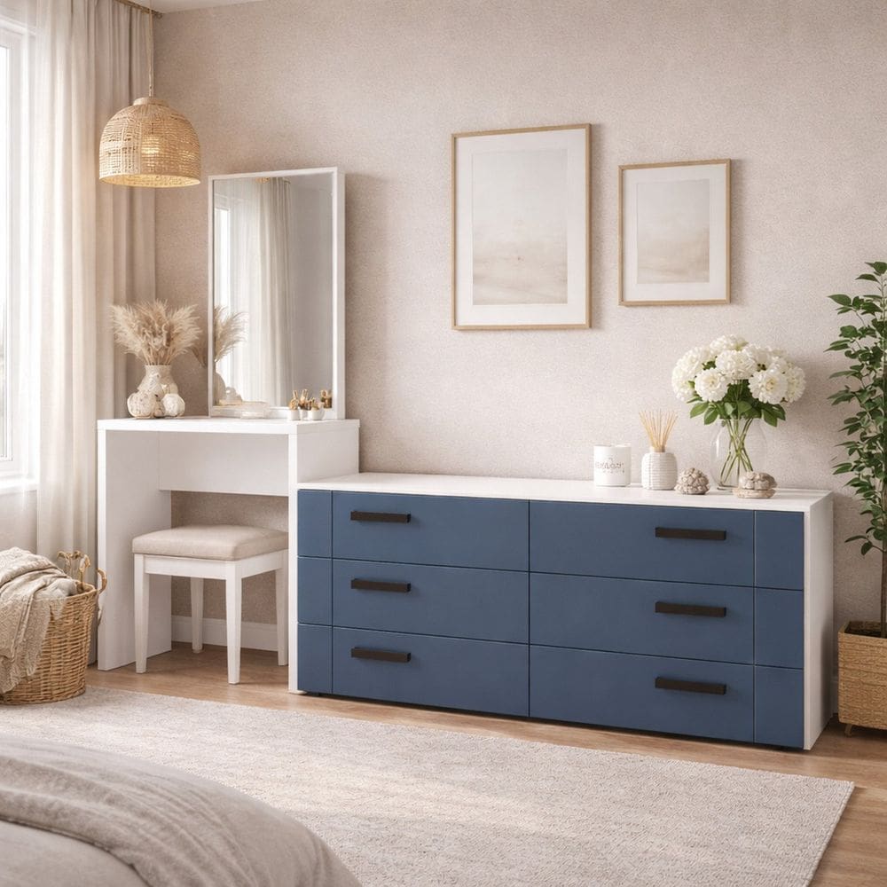 Cômoda Penteadeira 6 Gavetas Lisboa Azul/Branco