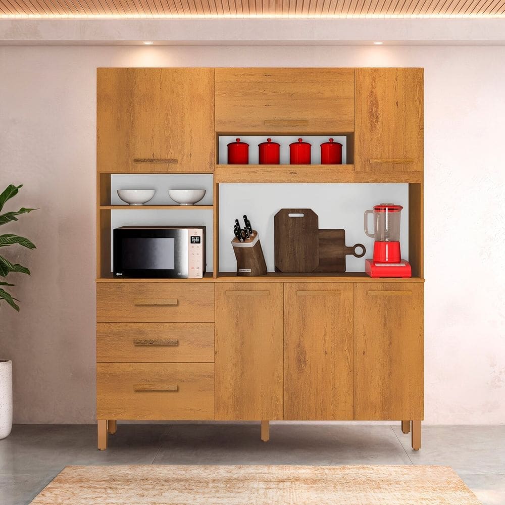 Armário de Cozinha 6 Portas e 3 Gavetas 100% Mdf Caribe Espresso Móveis Cinamomo/Branco