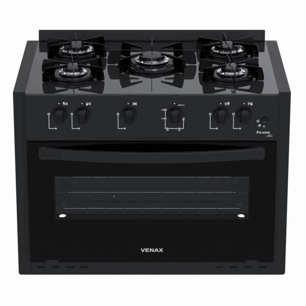 Fogão Venax Picasso Line 5 Bocas De Embutir Preto Fosco A Gás Em Vidro Temperado Bivolt 30260