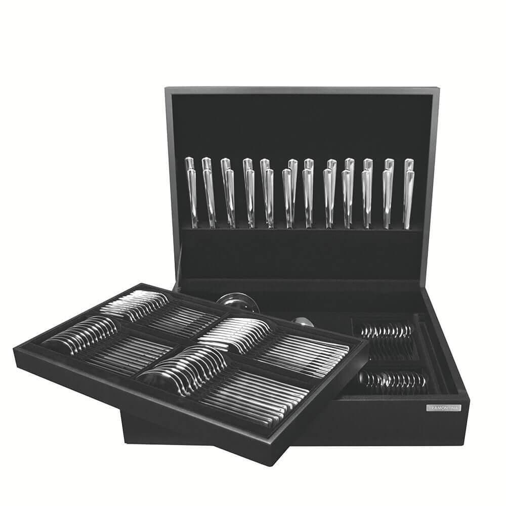 Faqueiro Tramontina Pacific Em Aço Inox Acabamento Alto Brilho Com Detalhes No Cabo E Estojo 101 Pçs