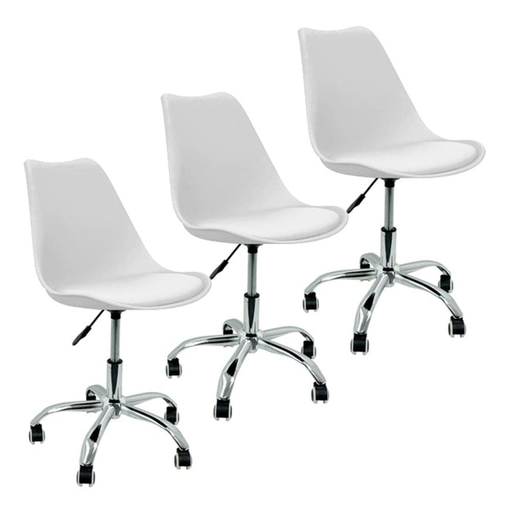 Kit 3 Cadeira Home Office Leda Giratória, Base Cromada com Rodízios, Regulagem de Altura,Branco