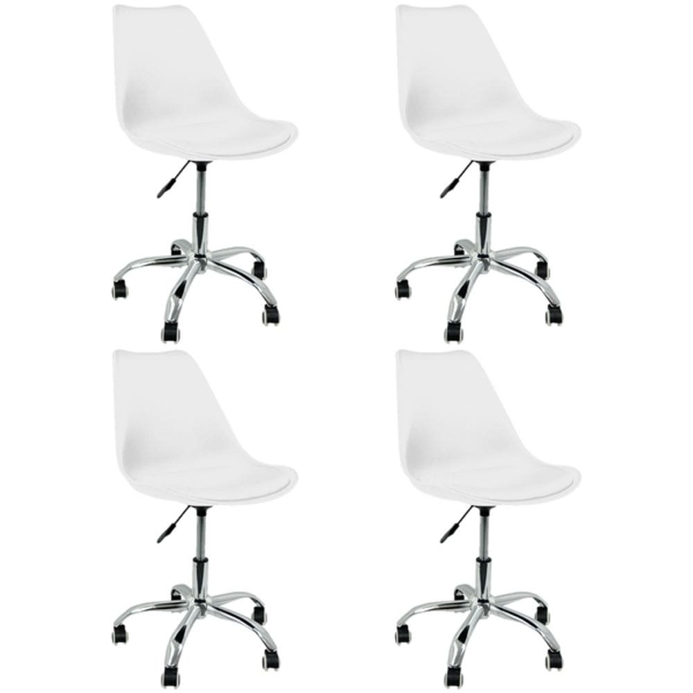 Kit 4 Cadeira Leda Giratória, Base Cromada com Rodízios, Regulagem de Altura,Branco