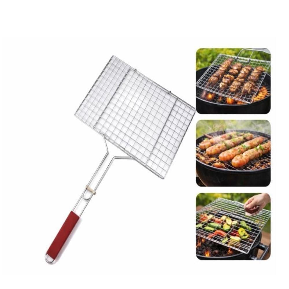 Grelha Dupla Para Churrasqueira Em Aço Inox Com Cabo De Madeira Multiuso