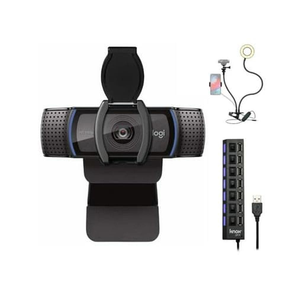 Webcam Logitech C920S Pro HD 1080p com anel de luz e hub USB