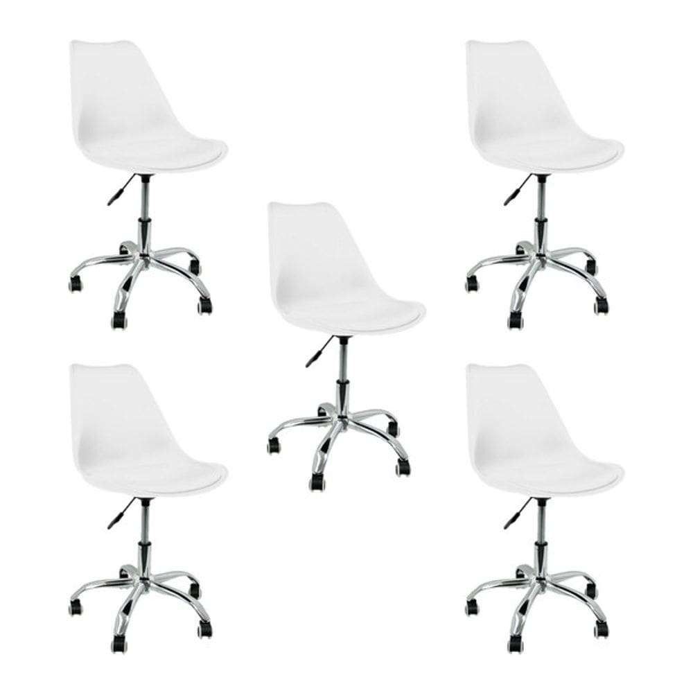 Kit 5 Cadeiras Tulipa Giratória, Home Office, Regulagem de Altura, Branco