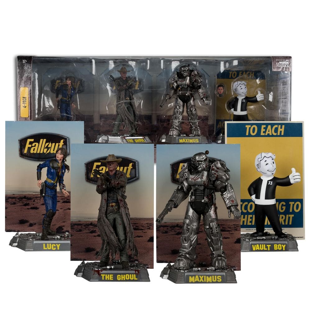 Bonecos de ação McFarlane Toys Fallout Lucy, Maximus, The Ghoul e Vault Boy, pacote com 4, 15 cm