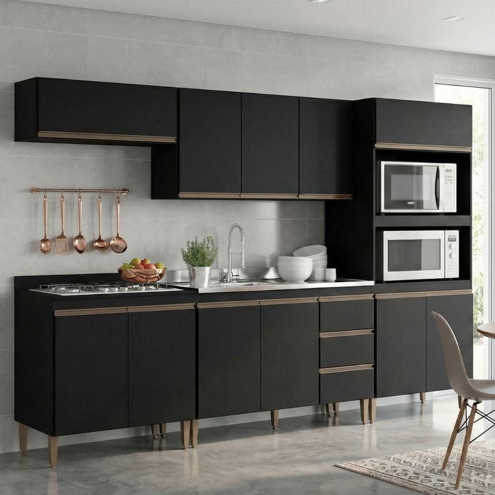 Armário De Cozinha Completa Modulada Milão Menu Móveis Preto