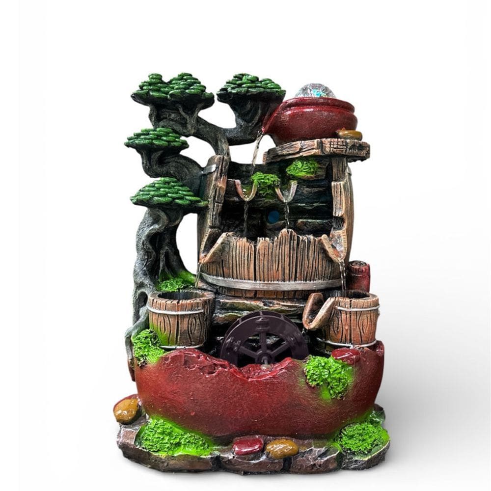 Fonte Decorativa Rústica com Roda d’Água e Barris