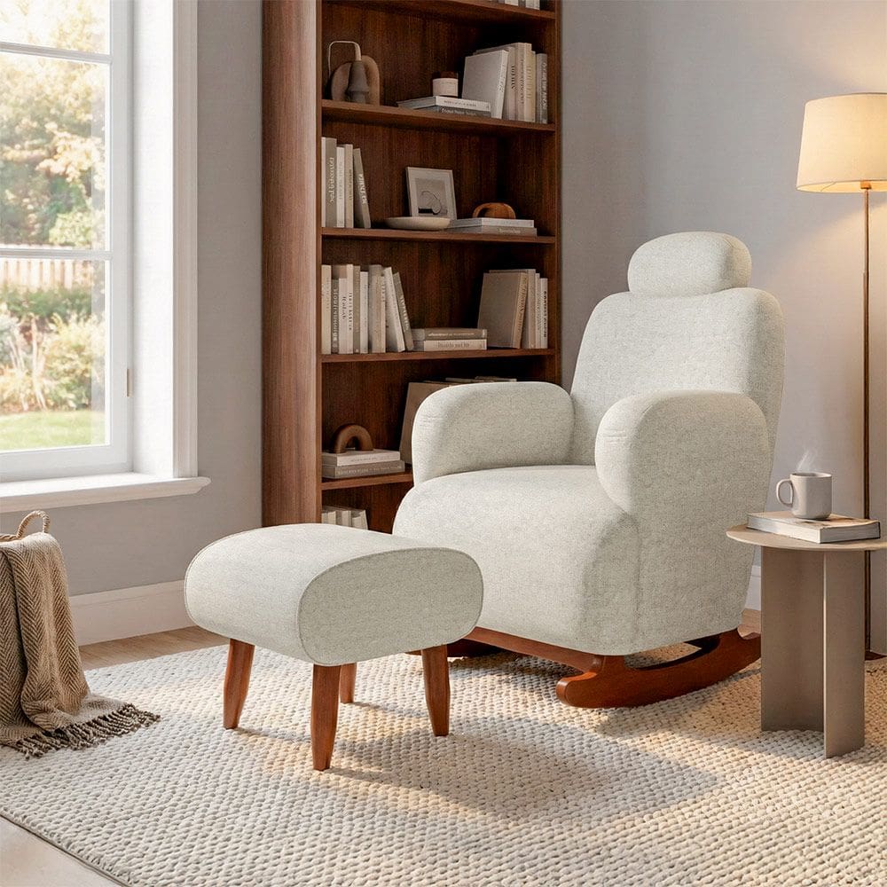 Poltrona de Balanço Orgânica Super Premium Aurora com Puff Tecido Chenille Off-white