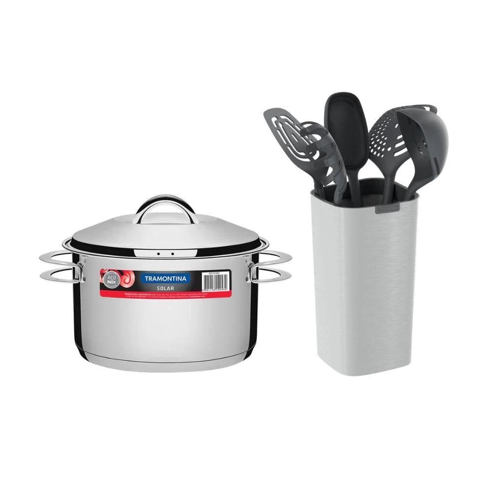 Kit Caçarola Aço Inox Solar 6,1 Litros Pit 2 + Jogo de Utensílios 6 Peças Verano Ônix  - Tramontina
