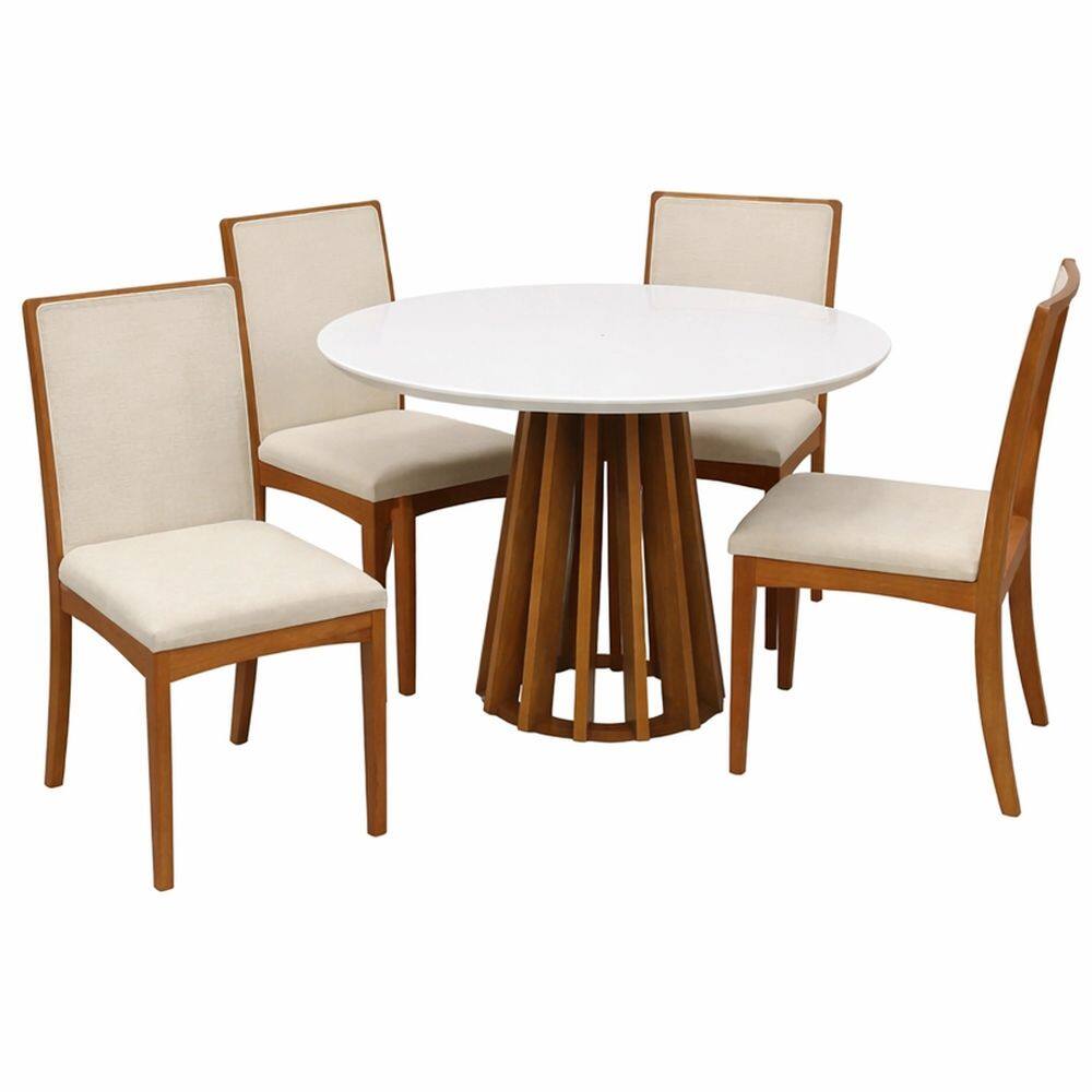 Mesa de Jantar Berlim 100cm Redonda com Vidro e 4 Cadeiras Lara em Linho Madeira Cel Móveis Cor Cinamomo Off White com Tecido Bege