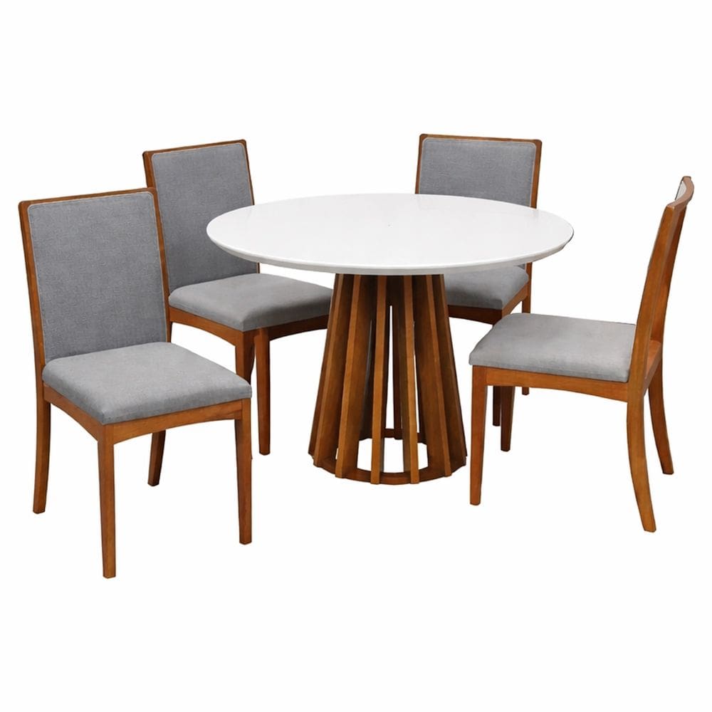 Mesa de Jantar Berlim 100cm Redonda com Vidro e 4 Cadeiras Lara em Linho Madeira Cel Móveis