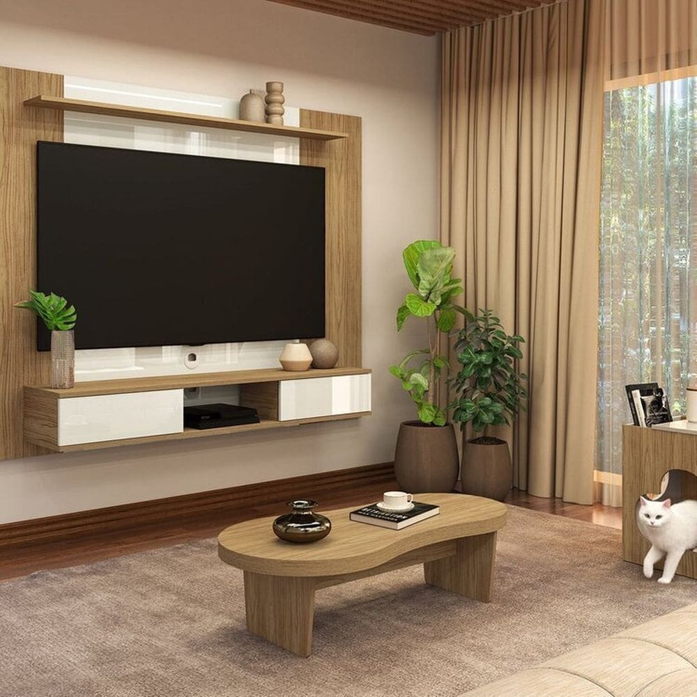 Conjunto Sala de Estar Mesa de Apoio Pet e Mesa de Centro Magnum e Painel Nevada Carvalho/Off White