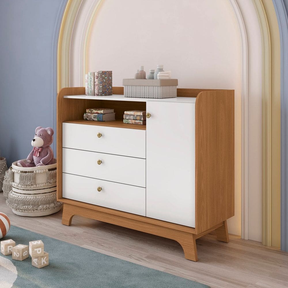 Cômoda Infantil 3 Gavetas e 1 Porta de Madeira Canela/Branco