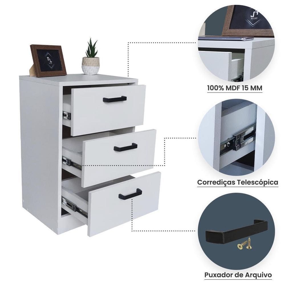 Mesa De Cabeceira 30Cm 3 Gaveta Quarto Cama Puxador Arquivo