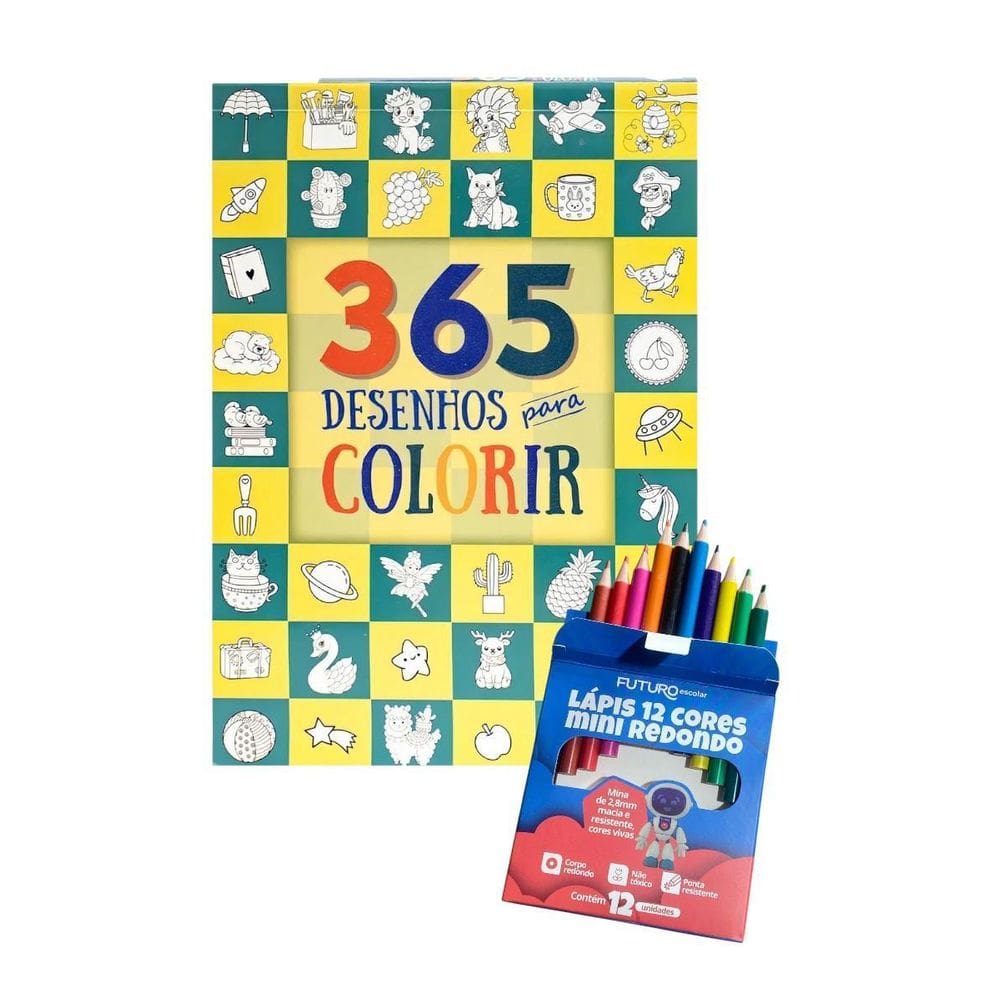 Livro Infantil 365 Desenhos Para Colorir +Mini Lápis De Cor