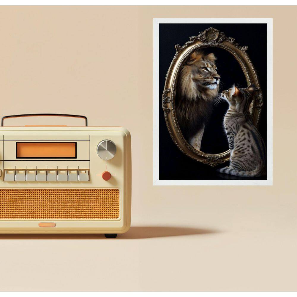 Quadro Gato Olhando Espelho Vendo Leão 33X24Cm