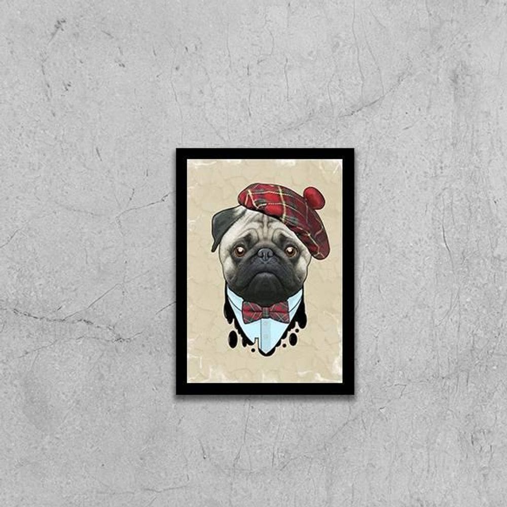 Quadro Pug Boina 33X24Cm - Com Vidro Moldura Preta