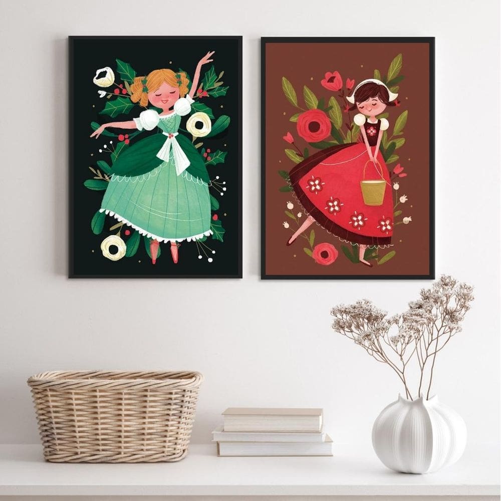 Kit 2 Quadros Infantis Retrô Menina 33x24cm - Madeira Branca