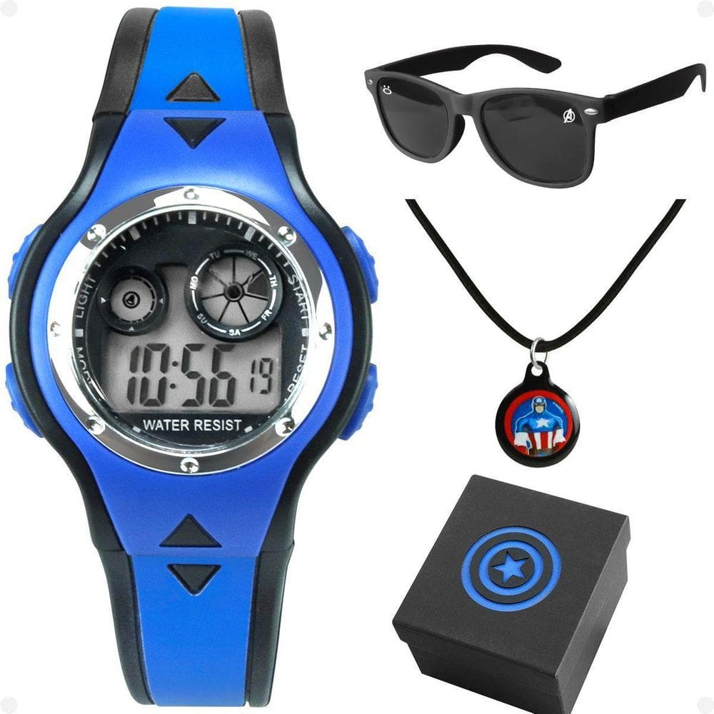 Relogio Digital Infantil + Oculos Proteção Uv + Colar Caixa