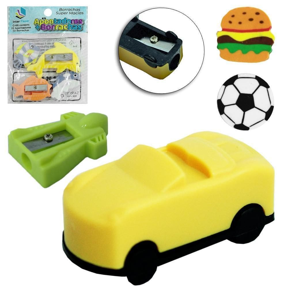 Kit Escolar Apontador + Borracha Figuras Animadas 4 Pecas