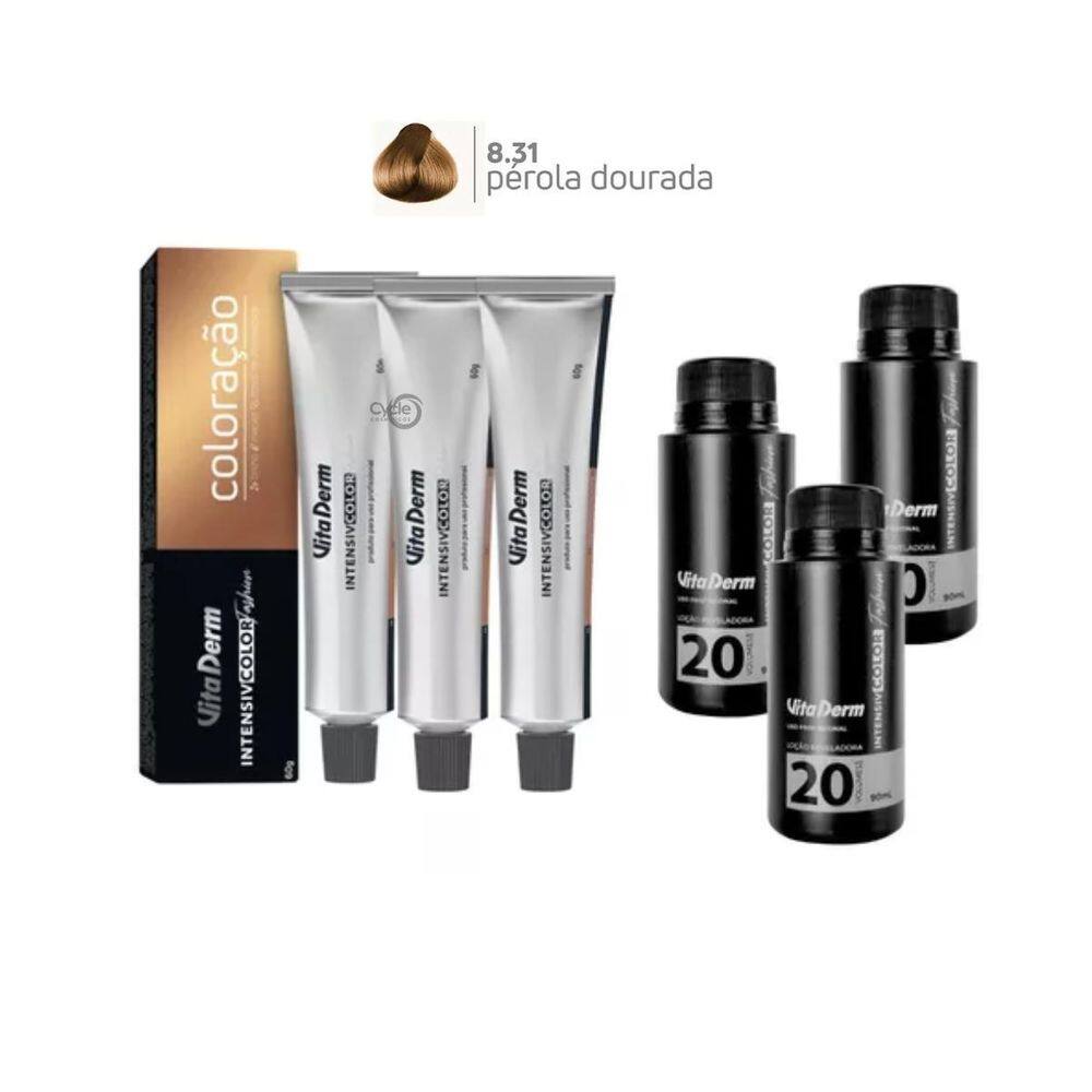 3 Colorações Vita Derm 8.31 + 3 Ox Vita Derm 20 Vol 90Ml