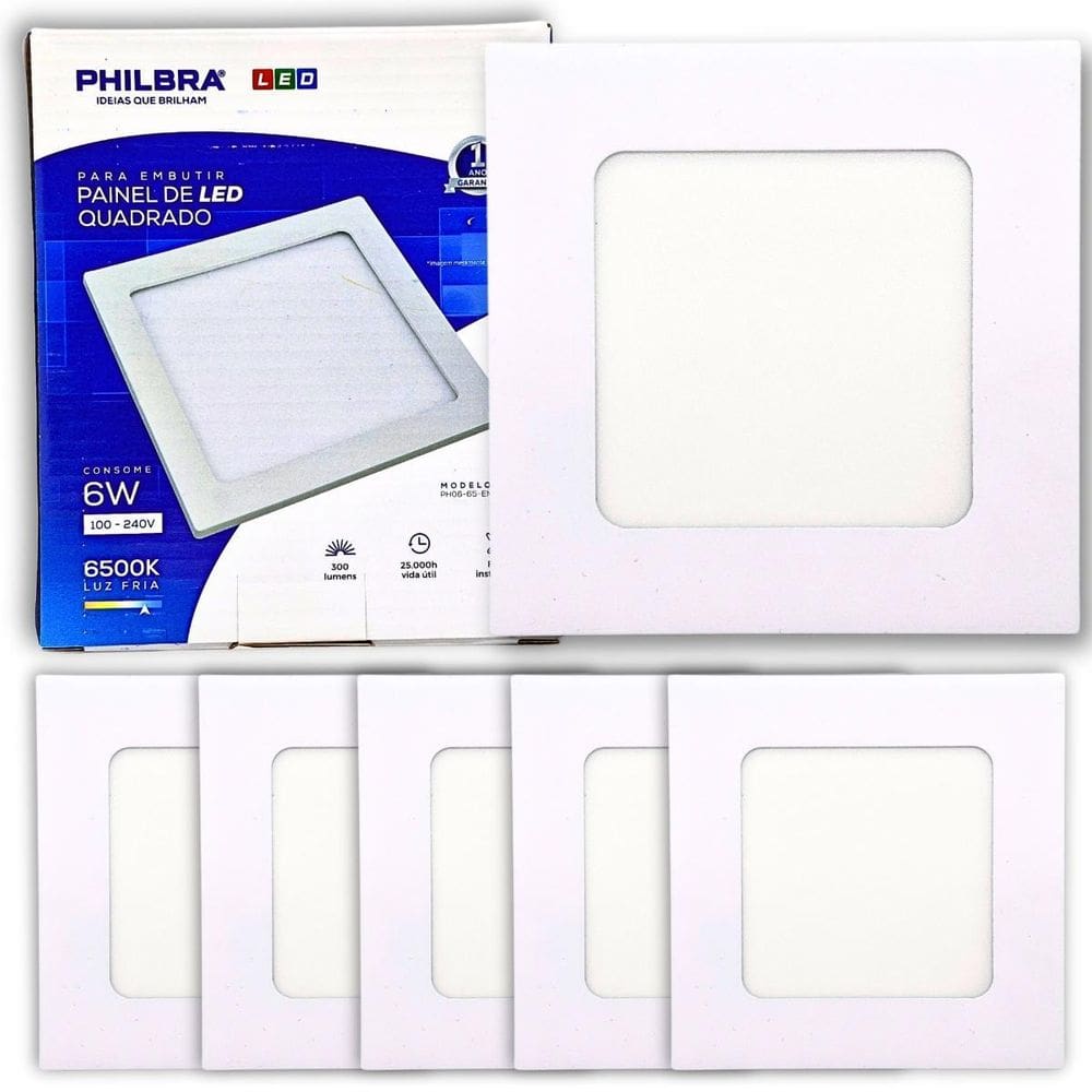Kit5 Painel Plafon Embutir Luminária Led 6W Quadrado Branco