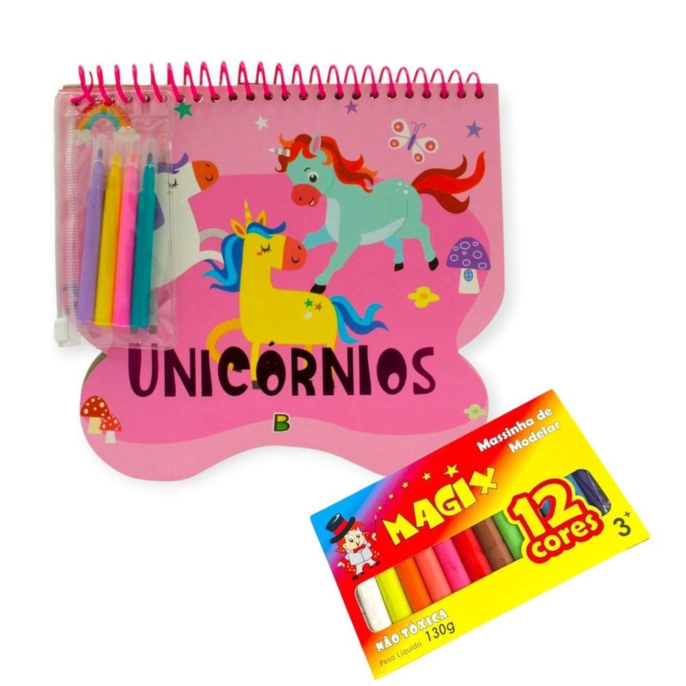 Livro Desenhos Unicórnios Com Canetinha+Adesivos+Massinha