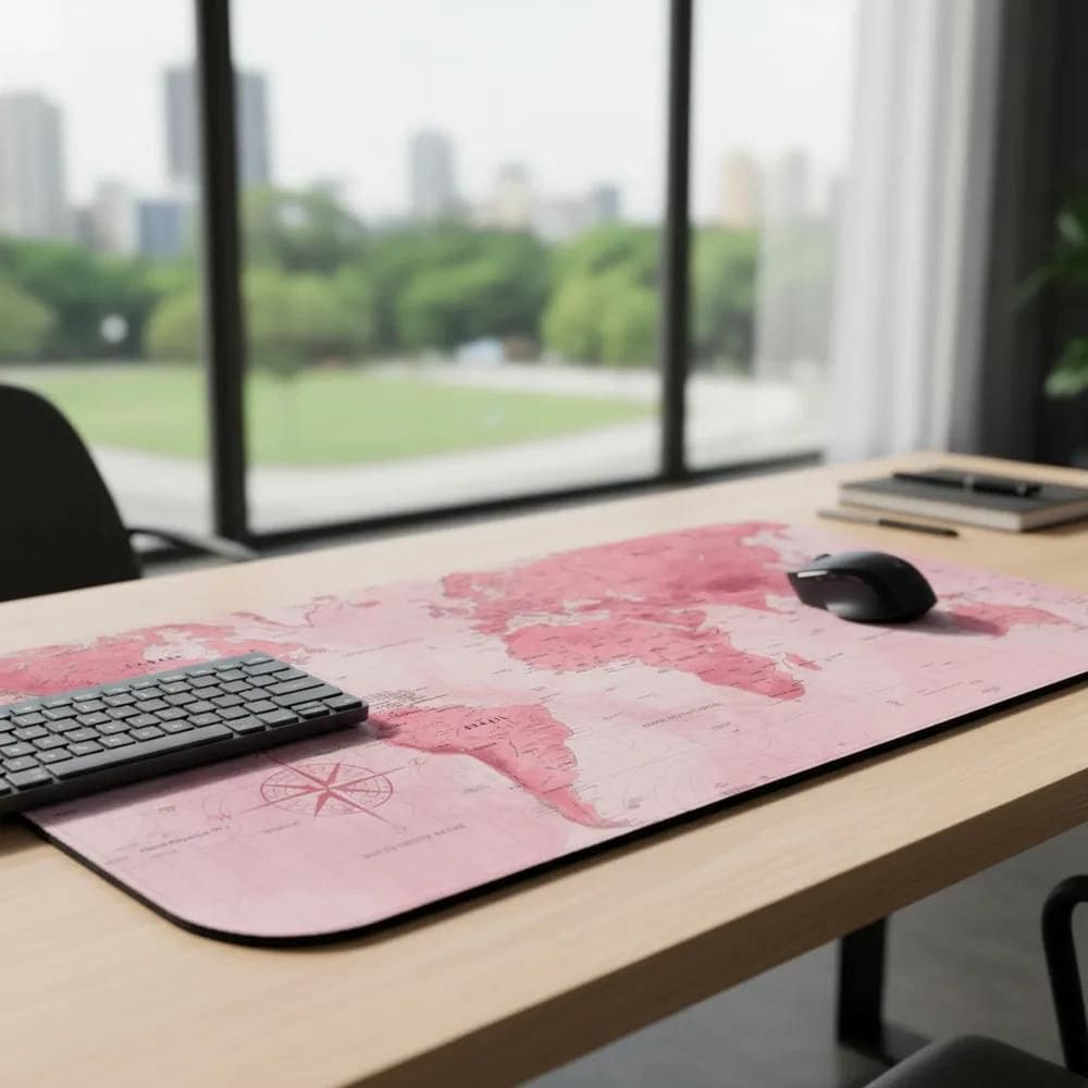 Mousepad Gamer 70X35Cm Speed Feminino Mapa Mundi Rosa