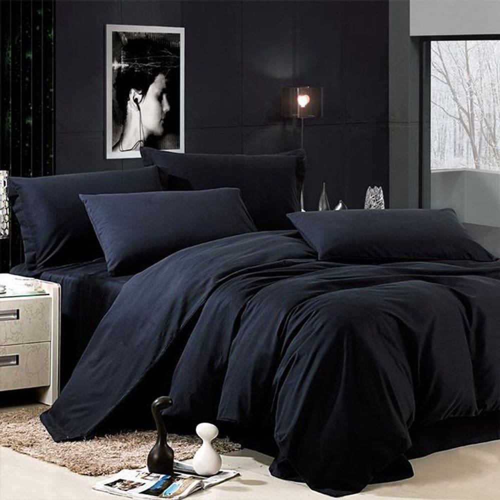 Jogo De Cama Solteiro Preto 7 Peças Com Edredom De 180X240Cm