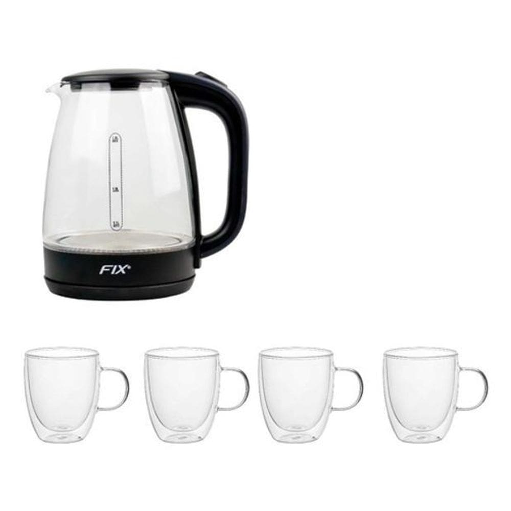 Jarra Elétrica Vidro Transp. Led 1,8L + 4 Caneca Duplo 350ml