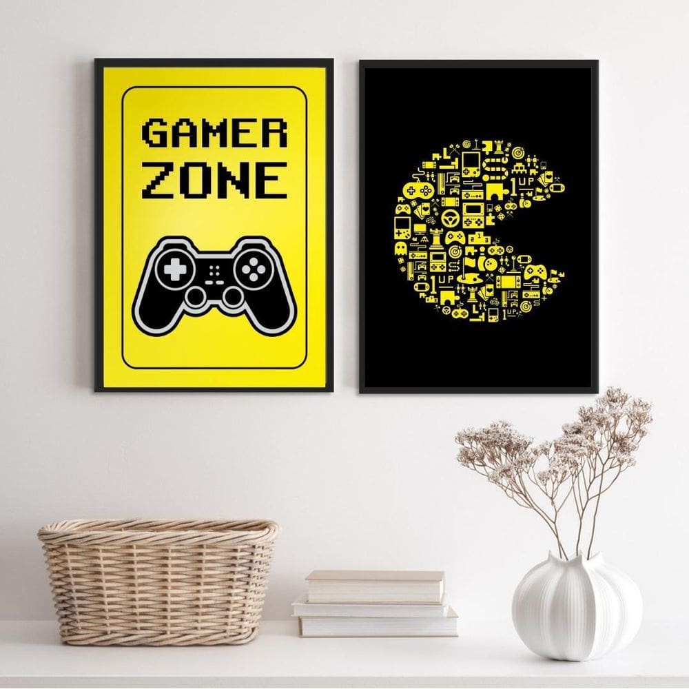 Kit 2 Quadros Gamer Pto/Amarelo 45x34cm - Vidro/Moldura Brca
