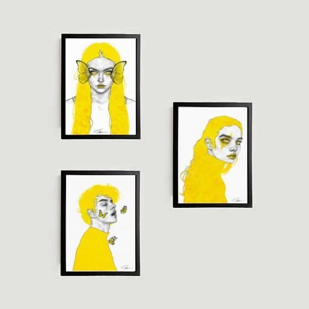 Kit 3 Quadros Yellow Design 33X24Cm - Vidro Moldura Preta